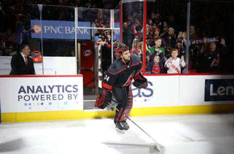 RALEIGH, NC – DECEMBER 31: Petr Mrazek #34 of the Carolina Hurricanes is named 3rd star of the game after a victory over the Montreal Canadiens during an NHL game on December 31, 2019 at PNC Arena in Raleigh, North Carolina. (Photo by Gregg Forwerck/NHLI via Getty Images)