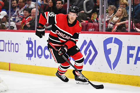 CHICAGO, ILLINOIS – DECEMBER 18: Jake McCabe #6 . (Photo by Jamie Sabau/Getty Images)