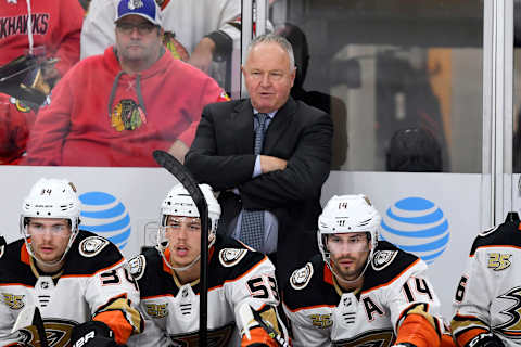 CHICAGO, IL – OCTOBER 23: Anaheim Ducks Randy Carlyle looks on in the 3rd period of game action during an NHL game between the Chicago Blackhawks and the Anaheim Ducks on October 23, 2018, at the United Center in Chicago, Illinois. (Photo by Robin Alam/Icon Sportswire via Getty Images)