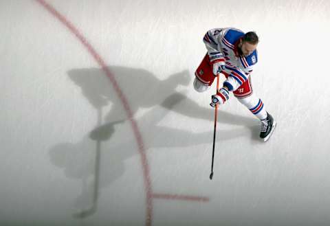 NEWARK, NEW JERSEY – APRIL 05: Barclay Goodrow #21 of the New York Rangers skates in warm-ups prior to the game against the New Jersey Devils at the Prudential Center on April 05, 2022 in Newark, New Jersey. (Photo by Bruce Bennett/Getty Images)