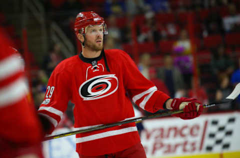 Apr 8, 2017; Raleigh, NC, USA; Carolina Hurricanes forward Bryan Bickell (29) looks on during the game against the St. Louis Blues at PNC Arena. The Blues defeated the Hurricanes 5-4 in a shoot out. Mandatory Credit: James Guillory-USA TODAY Sports