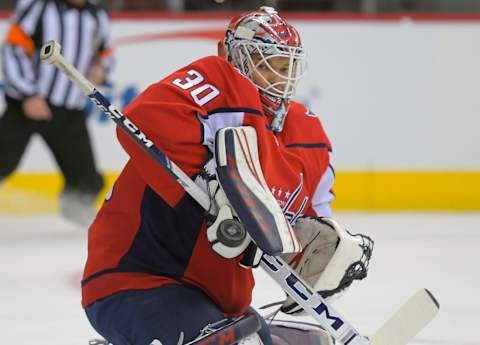 WASHINGTON, DC – SEPTEMBER 18: Capitals goalie Ilva Samsonov blocks a shot during a pre-season game between the Washington Capitals and the Boston Bruins on September 18, 2018, in Washington, MD. (Photo by John McDonnell/The Washington Post via Getty Images)