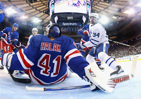 NEW YORK, NEW YORK – APRIL 13: Auston Matthews #34 of the Toronto Maple Leafs . (Photo by Bruce Bennett/Getty Images)