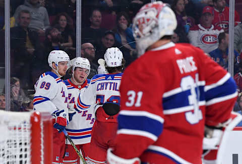 MONTREAL, QC – NOVEMBER 23: Brendan Lemieux #48 of the New York Rangers celebrates with teammates after scoring his second goal of the night against the Montreal Canadiens in the NHL game at the Bell Centre on November 23, 2019 in Montreal, Quebec, Canada. (Photo by Francois Lacasse/NHLI via Getty Images)