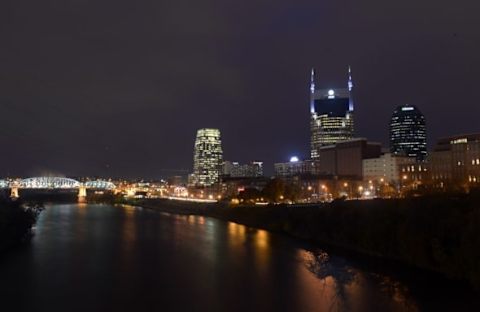 View of the downtown Nashville skyline and the Cumberland River . Mandatory Credit: Kirby Lee-USA TODAY Sports