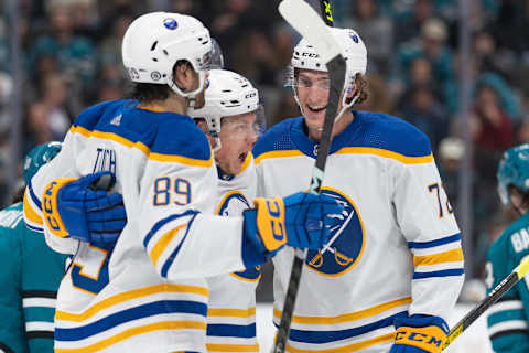 Feb 18, 2023; San Jose, California, USA; Buffalo Sabres left wing Jeff Skinner (53) reacts after scoring a goal during the third period against the San Jose Sharks at SAP Center at San Jose. Mandatory Credit: Stan Szeto-USA TODAY Sports