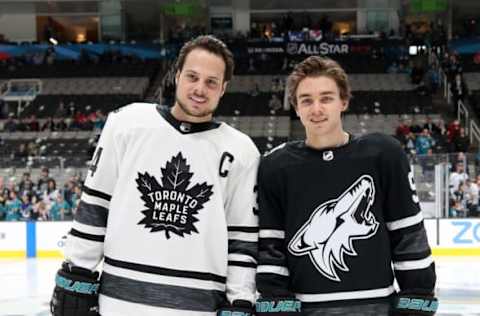 SAN JOSE, CA – JANUARY 26: Auston Matthews #34 of the Toronto Maple Leafs poses with Clayton Keller #9 of the Arizona Coyotes pose prior to the 2019 Honda NHL All-Star Game at SAP Center on January 26, 2019 in San Jose, California. (Photo by Bruce Bennett/Getty Images)