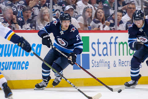 WINNIPEG, MB – APRIL 18: Nikolaj Ehlers #27 of the Winnipeg Jets follows the play down the ice during second period action against the St. Louis Blues in Game Five of the Western Conference First Round during the 2019 NHL Stanley Cup Playoffs at the Bell MTS Place on April 18, 2019 in Winnipeg, Manitoba, Canada. The Blues defeated the Jets 3-2 to lead the series 3-2. (Photo by Jonathan Kozub/NHLI via Getty Images)