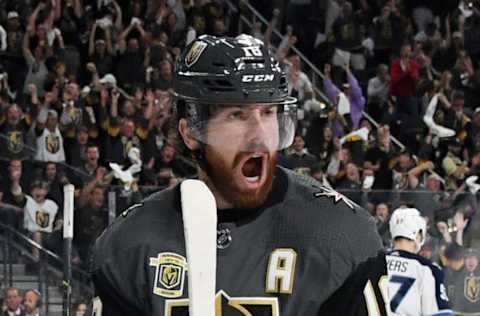 LAS VEGAS, NV – MAY 16: James Neal #18 of the Vegas Golden Knights celebrates after scoring a goal against the Winnipeg Jets in the second period of Game Three of the Western Conference Finals during the 2018 NHL Stanley Cup Playoffs at T-Mobile Arena on May 16, 2018, in Las Vegas, Nevada. The Golden Knights won 4-2. (Photo by Ethan Miller/Getty Images)