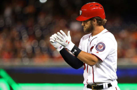 Jun 8, 2017; Washington, DC, USA; Washington Nationals right fielder Bryce Harper (34) reacts after a single against the Baltimore Orioles in the eighth inning at Nationals Park. The Nationals won 6-1. Mandatory Credit: Geoff Burke-USA TODAY Sports