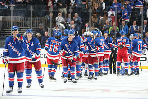 NEW YORK, NY – OCTOBER 03: The New York Rangers celebrate after defeating the Winnipeg Jets 6-4 at Madison Square Garden on October 3, 2019 in New York City. (Photo by Jared Silber/NHLI via Getty Images)