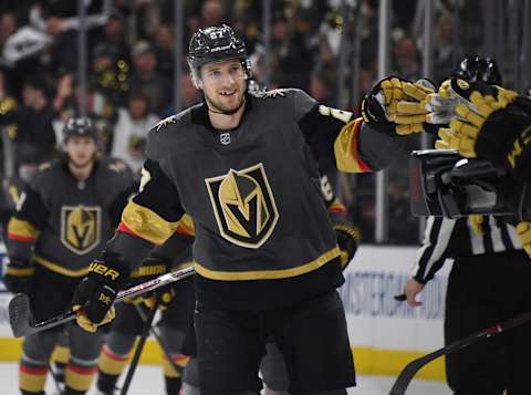 LAS VEGAS, NEVADA – APRIL 16: Shea Theodore #27 of the Vegas Golden Knights celebrates with teammates on the bench after scoring a first-period goal against the San Jose Sharks in Game Four of the Western Conference First Round during the 2019 NHL Stanley Cup Playoffs at T-Mobile Arena on April 16, 2019 in Las Vegas, Nevada. (Photo by Ethan Miller/Getty Images)