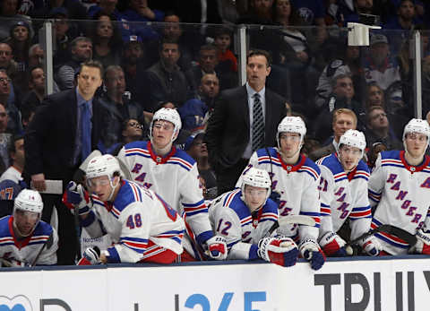 NEW YORK, NEW YORK – FEBRUARY 25: Head coach of the New York Rangers David Quinn handles bench duties against the New York Islanders at NYCB Live’s Nassau Coliseum on February 25, 2020 in Uniondale, New York. The Rangers defeated the Islanders 4-3 in overtime. (Photo by Bruce Bennett/Getty Images)