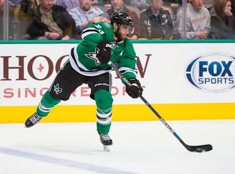 Jan 25, 2016; Dallas, TX, USA; Dallas Stars defenseman Alex Goligoski (33) skates against the Calgary Flames during the game at the American Airlines Center. The Stars defeat the Flames 2-1. Mandatory Credit: Jerome Miron-USA TODAY Sports