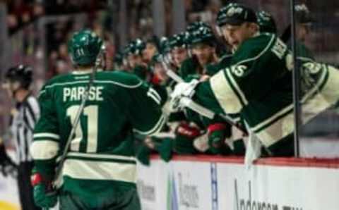 Nov 25, 2016; Saint Paul, MN, USA; Minnesota Wild forward Zach Parise (11) celebrates his goal with teammates during the second period against the Pittsburgh Penguins at Xcel Energy Center. Mandatory Credit: Brace Hemmelgarn-USA TODAY Sports