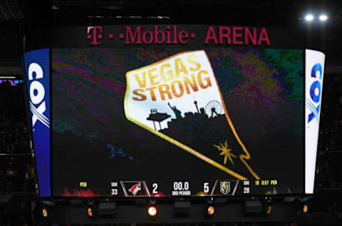 LAS VEGAS, NV – OCTOBER 10: The scoreboard shows the 5-2 final score of the Vegas Golden Knights’ victory over the Arizona Coyotes in the Golden Knights’ inaugural regular-season home opener at T-Mobile Arena on October 10, 2017 in Las Vegas, Nevada. (Photo by Ethan Miller/Getty Images)