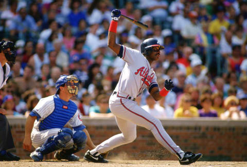 CHICAGO – 1997: Fred McGriff of the Atlanta Braves bats during an MLB game against the Chicago Cubs at Wrigley Field in Chicago, Illinois during the 1997 season. (Photo by Ron Vesely/MLB Photos via Getty Images)