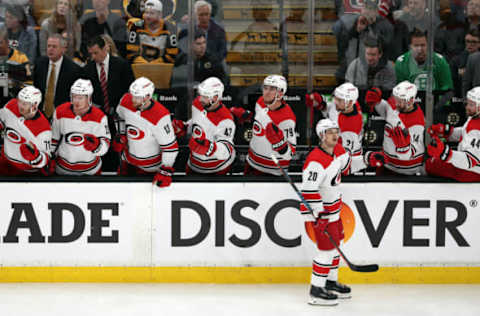 BOSTON, MASSACHUSETTS – MAY 09: Sebastian Aho #20 of the Carolina Hurricanes celebrates with teammates after scoring a goal during the first period against the Boston Bruins in Game One of the Eastern Conference Final during the 2019 NHL Stanley Cup Playoffs at TD Garden on May 09, 2019 in Boston, Massachusetts. (Photo by Adam Glanzman/Getty Images)