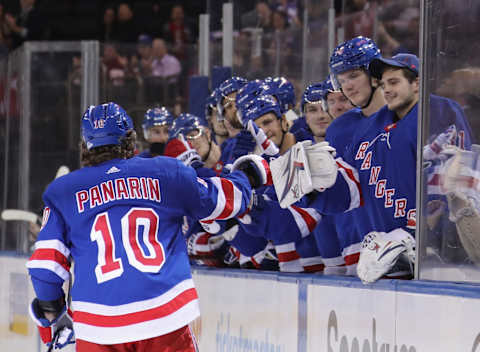 NEW YORK, NEW YORK – SEPTEMBER 18: Artemi Panarin #10 of the New York Rangers celebrates his second period goal against the New Jersey Devils at Madison Square Garden on September 18, 2019 in New York City. (Photo by Bruce Bennett/Getty Images)