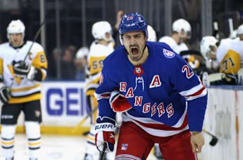 NEW YORK, NEW YORK – MAY 11: Chris Kreider #20 of the New York Rangers reacts to smelling salts prior to the game against the Pittsburgh Penguins in Game Five of the First Round of the 2022 Stanley Cup Playoffs at Madison Square Garden on May 11, 2022, in New York City. (Photo by Bruce Bennett/Getty Images)