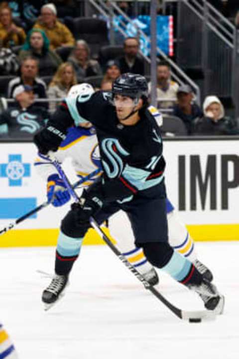 SEATTLE, WASHINGTON – OCTOBER 25: Matty Beniers #10 of the Seattle Kraken skates against the Buffalo Sabres during the second period at Climate Pledge Arena on October 25, 2022 in Seattle, Washington. (Photo by Steph Chambers/Getty Images)