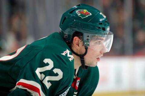 ST. PAUL, MN – MARCH 14: Kevin Fiala #22 of the Minnesota Wild lines up for a face-off during a game with the Dallas Stars at Xcel Energy Center on March 14, 2019 in St. Paul, Minnesota.(Photo by Bruce Kluckhohn/NHLI via Getty Images)