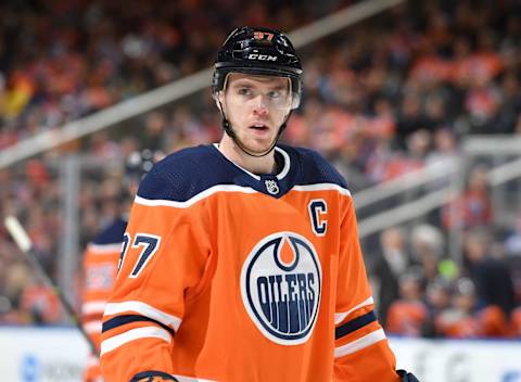 EDMONTON, AB – APRIL 5: Connor McDavid #97 of the Edmonton Oilers skates during the game against the Vegas Golden Knights on April 5, 2018 at Rogers Place in Edmonton, Alberta, Canada. (Photo by Andy Devlin/NHLI via Getty Images)