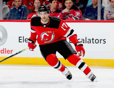 NEWARK, NJ – MARCH 30: Kenny Agostino #17 of the New Jersey Devils skates against the St. Louis Blues during the game at Prudential Center on March 30, 2019 in Newark, New Jersey. (Photo by Andy Marlin/NHLI via Getty Images)