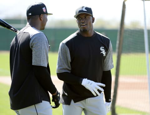 GLENDALE, ARIZONA – FEBRUARY 20: Luis Robbert #92 and Elloy Jimenez #74 of the Chicago White Sox prepare to bat during a spring training workout February 20, 2018 at Camelback Ranch in Glendale Arizona. (Photo by Ron Vesely/MLB Photos via Getty Images)