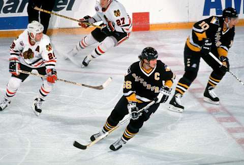 Mario Lemieux #66 of the Pittsburgh Penguins (Photo by Focus on Sport/Getty Images)