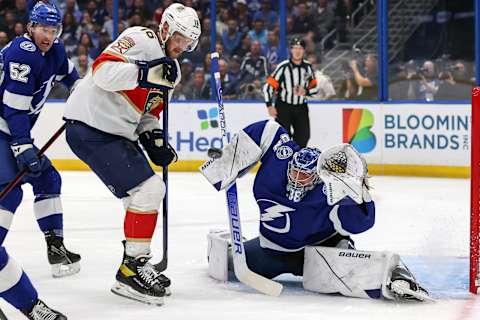 TAMPA, FL – MAY 23: Andrei Vasilevskiy #88 of the Tampa Bay Lightning makes a save in front of Aleksander Barkov #16 of the Florida Panthers during the first period in Game Four of the Second Round of the 2022 Stanley Cup Playoffs at Amalie Arena on May 23, 2022 in Tampa, Florida. (Photo by Mike Carlson/Getty Images)