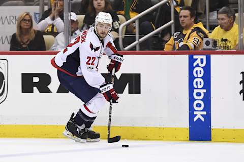 PITTSBURGH, PA – MAY 1: Washington Capitals defenseman Kevin Shattenkirk (22) skates with the puck during the third period in Game Three of the Eastern Conference Second Round in the 2017 NHL Stanley Cup Playoffs between the Washington Capitals and the Pittsburgh Penguins on May 1, 2017, at PPG Paints Arena in Pittsburgh, PA. The Washington Capitals defeated the Pittsburgh Penguins 3-2 in overtime. (Photo by Jeanine Leech/Icon Sportswire via Getty Images)