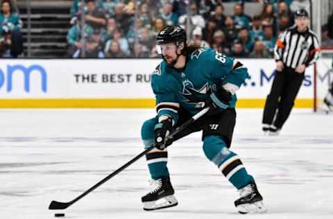 SAN JOSE, CA – APRIL 12: Erik Karlsson #65 of the San Jose Sharks skates ahead with the puck against the Vegas Golden Knights in Game Two of the Western Conference First Round during the 2019 NHL Stanley Cup Playoffs at SAP Center on April 12, 2019 in San Jose, California (Photo by Brandon Magnus/NHLI via Getty Images)