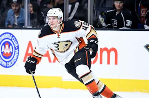 LOS ANGELES, CA: Sam Steel #49 of the Anaheim Ducks forechecks during a preseason game against the Los Angeles Kings on September 28, 2016. (Photo by Harry How/Getty Images)