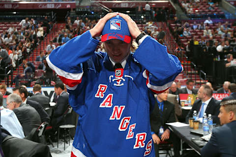 SUNRISE, FL – JUNE 27: Robin Kovacs reacts after being selected 62nd overall by the New York Rangers during the 2015 NHL Draft at BB