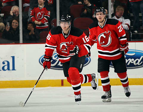 Jacob Josefson #16 and Mattias Tedenby #21 of the New Jersey Devils (Photo by Bruce Bennett/Getty Images)