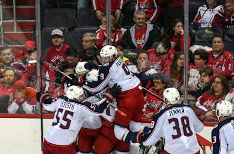 WASHINGTOON, DC – APRIL 15:The Columbus Blue Jackets celebrate after Columbus Blue Jackets left wing Matt Calvert (11) scored the game winner in overtime during the game between the Washington Capitals and the Columbus Blue Jackets in Game 2 of the First Round of the Stanley Cup Playoffs at the Capital One Arena on Sunday, April 15, 2018. The Columbus Blue Jackets defeated the Washington Capitals 5-4.(Photo by Toni L. Sandys/The Washington Post via Getty Images)