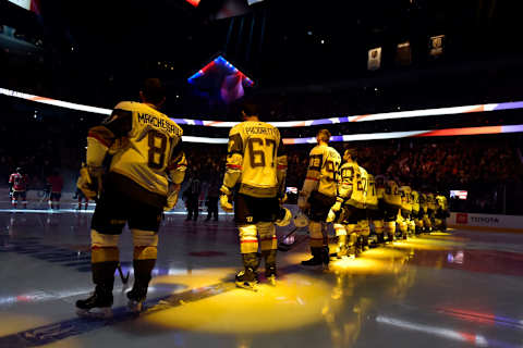 LAS VEGAS, NV – NOVEMBER 23: Vegas Golden Knights players stand at attention during the national anthem prior to a game against the Calgary Flames at T-Mobile Arena on November 23, 2018 in Las Vegas, Nevada. (Photo by David Becker/NHLI via Getty Images)