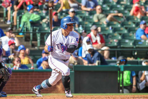 ARLINGTON, TX – JUNE 17: Texas Rangers designated hitter Shin-Soo Choo (17) runs out of the batter’s box during the game between the Colorado Rockies and the Texas Rangers on June 17, 2018 at Globe Life Park in Arlington, TX. (Photo by George Walker/Icon Sportswire via Getty Images)