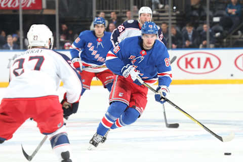 NEW YORK, NY – MARCH 20: Pavel Buchnevich #89 of the New York Rangers skates with the puck against the Columbus Blue Jackets at Madison Square Garden on March 20, 2018 in New York City. The Columbus Blue Jackets won 5-3. (Photo by Jared Silber/NHLI via Getty Images) *** Local Caption *** Pavel Buchnevich