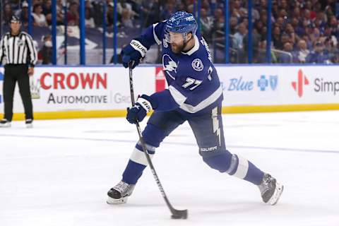 Victor Hedman #77 of the Tampa Bay Lightning. (Photo by Mike Carlson/Getty Images)