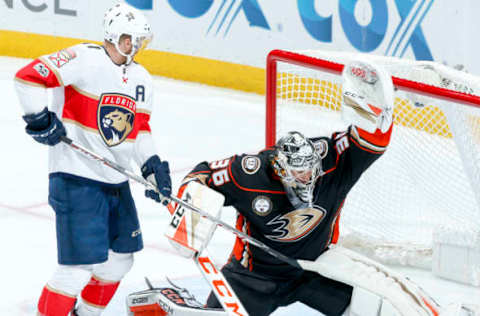 ANAHEIM, CA: Jonathan Huberdeau #11 of the Florida Panthers stands near the crease as goalie John Gibson #36 of the Anaheim Ducks tends the net during the second period of the game at Honda Center on November 19, 2017. (Photo by Debora Robinson/NHLI via Getty Images)