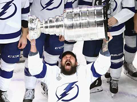 EDMONTON, ALBERTA – SEPTEMBER 28: Zach Bogosian #24 of the Tampa Bay Lightning (Photo by Bruce Bennett/Getty Images)