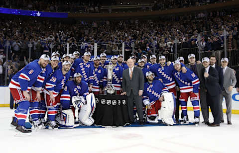 May 29, 2014; New York, NY, USA; The New York Rangers pose with the Prince of Whales Trophy after beating the Montreal Canadiens 1-0 in game six of the Eastern Conference Final of the 2014 Stanley Cup Playoffs at Madison Square Garden. Mandatory Credit: Adam Hunger-USA TODAY Sports.