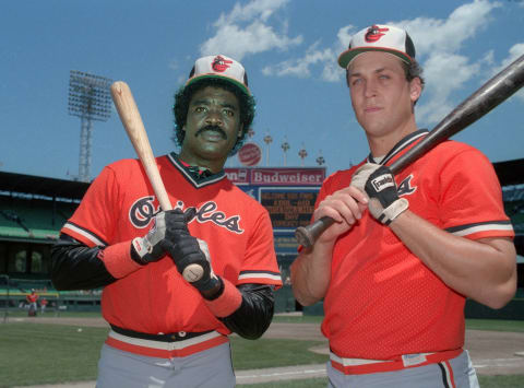 Eddie Murray (L) and Cal Ripken of the Baltimore Orioles (Photo by Ron Vesely/MLB Photos via Getty Images)