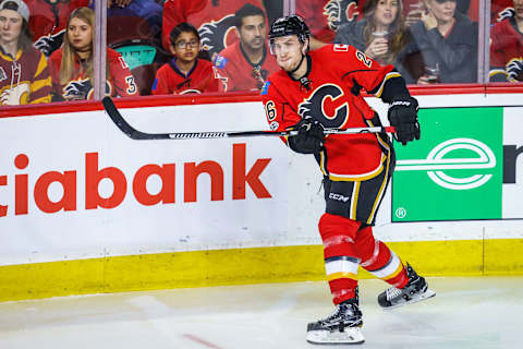 Apr 19, 2017; Calgary, Alberta, CAN; Calgary Flames defenseman Michael Stone (26) skates against the Anaheim Ducks during the first period in game four of the first round of the 2017 Stanley Cup Playoffs at Scotiabank Saddledome. Mandatory Credit: Sergei Belski-USA TODAY Sports