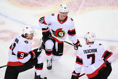 Ottawa Senators forward Josh Norris (9) forward Tim Stuetzle (18) and forward Brady Tkachuk (7) Mandatory Credit: Candice Ward-USA TODAY Sports