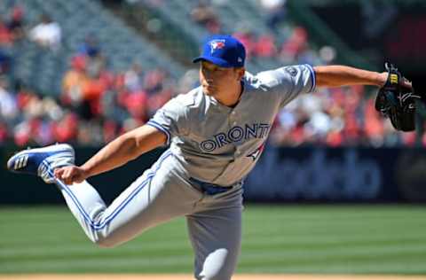 ANAHEIM, CA – JUNE 24: Seunghwan Oh #22 of the Toronto Blue Jays pitches in the game against the Los Angeles Angels of Anaheim at Angel Stadium on June 24, 2018 in Anaheim, California. (Photo by Jayne Kamin-Oncea/Getty Images)