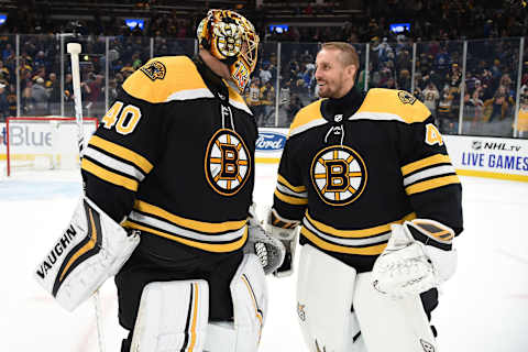 BOSTON, MA – OCTOBER 22: Tuukka Rask #40 and Jarsoalv Halak #41 of the Boston Bruins celebrate the win against the Toronto Maple Leafs at the TD Garden on October 22, 2019 in Boston, Massachusetts. (Photo by Steve Babineau/NHLI via Getty Images)