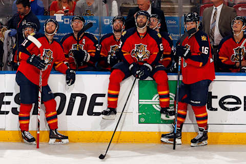 SUNRISE, FL – APRIL 22: Aleksander Barkov #16 of the Florida Panthers and teammates Jaromir Jagr #68 and Jonathan Huberdeau #11 watch as a goal is reviewed in the third period against the New York Islanders in Game Five of the Eastern Conference First Round during the 2016 NHL Stanley Cup Playoffs at the BB&T Center on April 22, 2016 in Sunrise, Florida. (Photo by Eliot J. Schechter/NHLI via Getty Images)